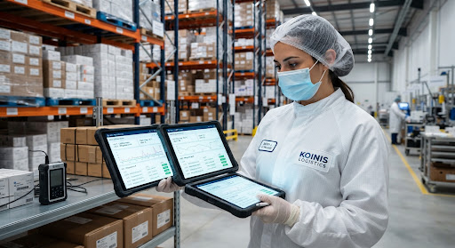 Close up photograph of a professional logistics quality control specialist reviewing real-time cold chain temperature monitoring tablets