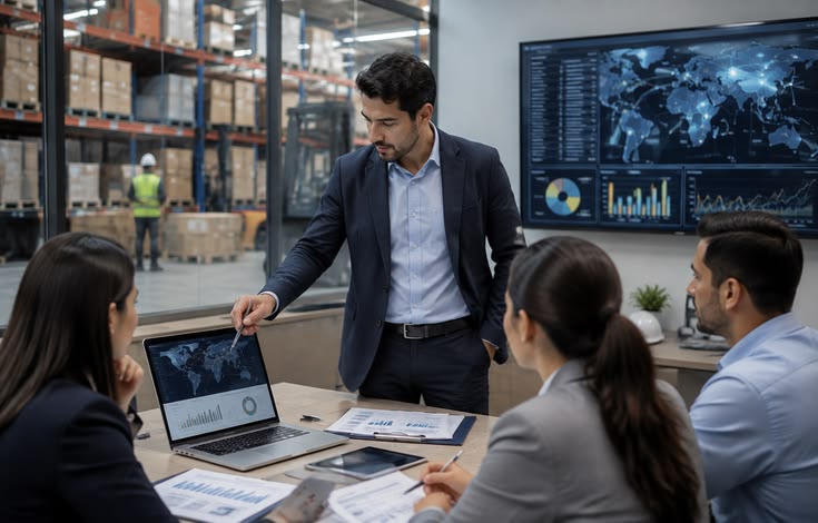 Supply Chain Consultancy - Operations strategy meeting analyzing digital analytics dashboard
