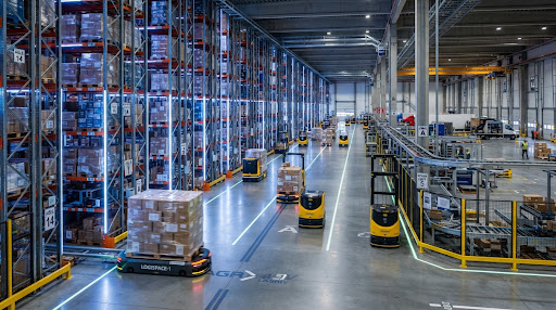 Modern high-tech logistics warehouse with autonomous automated guided vehicles