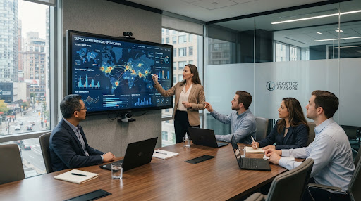 Supply chain consultancy and operations strategy meeting analyzing digital analytics